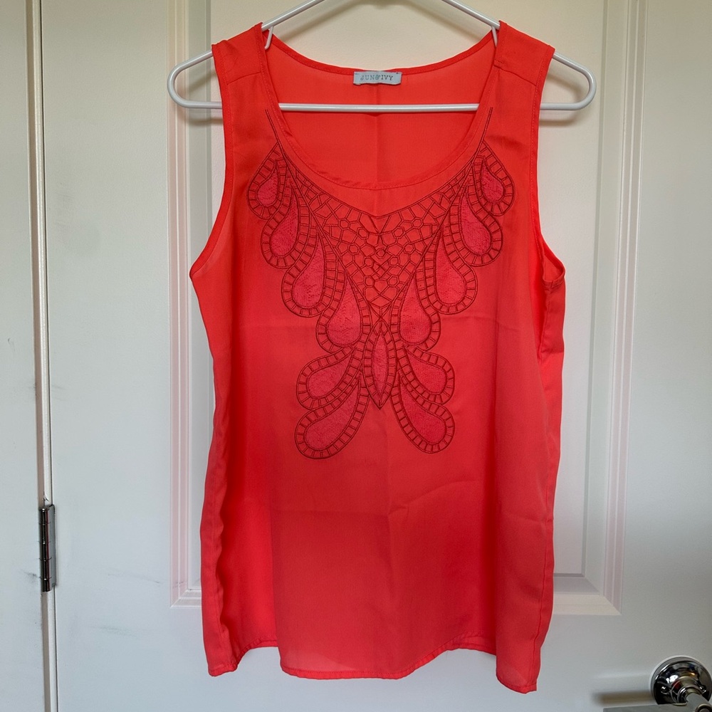 Neon pink/coral embroidered detail tank - Sz S